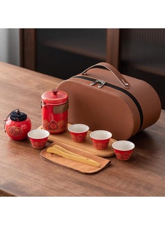 Buy Travel Tea Set 4 Cups 1 Pot 1 Tea Caddy Ceramic Portable Teapot and Tea Cup Set Brown Leather Travel Bag for Home Office Outdoor Camping Picnic in UAE