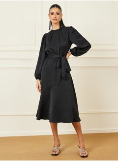 Buy Box Pleat Detail Neck Self Tie Up A-Line Midi Dress in Saudi Arabia