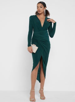 Buy Plunge Neck Ruched Dress in UAE