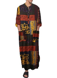 اشتري Men's Traditional Dresses Long Sleeve Striped Henley Shirts Kaftan Muslim Long Gown Thobe Robe for Men Symbol Pattern في الامارات