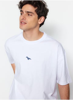 اشتري White Oversize/Wide Cut Short Sleeve Dinosaur Embroidered 100% Cotton T-Shirt TMNSS23TS00243 في مصر