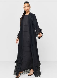 Buy Lace Detail Open Black Abaya With Sheila in UAE