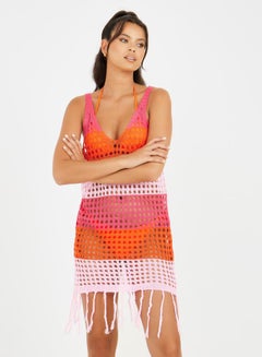 Buy Colorblock Crochet Tassel Hem Beach Dress in Saudi Arabia