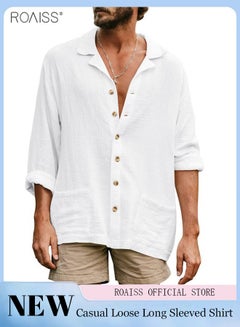 Buy Mens Button Up Shirts Long Sleeve Linen Beach Casual Cotton Summer Lightweight Tops in Saudi Arabia