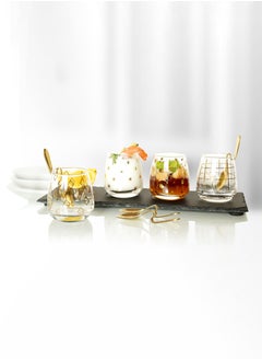 Buy Glass Dessert Serving Set with Plate Tray and golden spoons in UAE