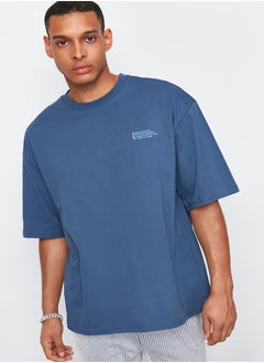 Buy Indigo Oversize 100% Cotton Crew Neck Minimal Text Printed T-Shirt TMNSS23TS00084 in Egypt