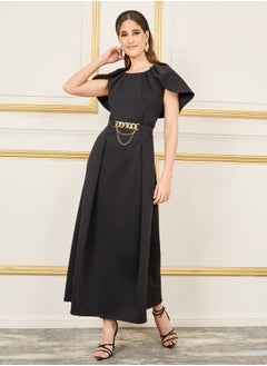 Buy Pleated Cape Sleeves Chain Accent Belted A-Line Midi Dress in Saudi Arabia