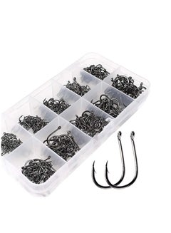 Buy 500pcs Fishing Hooks Carbon Steel Barbed Eyed Sea Fish Carp Tackle Circle for Saltwater Freshwater Accessories, No.3-No.12, 10 Sizes with Compartment Box in UAE