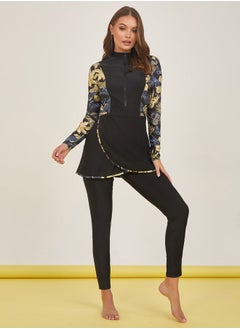 Buy Printed Contrast Peplum Zip Burkini in Saudi Arabia