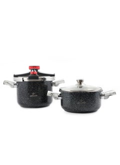 Buy Induction Granite Coated Pressure Cooker Set 6Liter + 4Liter Easy Open 18/10 Stainless Steel with Glass Lid and Extra Silicone - Suitable for all kinds of Stoves - Dishwasher Safe (For 10-12 Peo in UAE