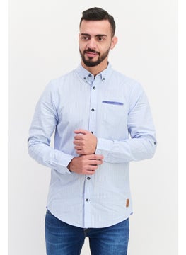 Buy Men Regular Fit Stripe Long Sleeves Casual Shirt, White/Blue in Saudi Arabia