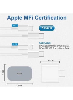 اشتري iPhone Charger fast charging [APPLE MFi Certified] 2 pack Apple Type C Wall Charger Block with 2 pack [6FT&10FT] Long USB C to lightning cable for iPhone 14/13/12/12 Pro Max/11/Xs Max/XR/X,AirPods Pro في الامارات