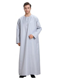 Buy Men's Round Neck Solid Color Full Length Kandora Islamic Arabic Long Sleeve Kaftan Robe Grey in UAE