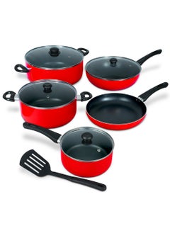 اشتري 10 Piece Nonstick Aluminium Cookware Set With 10X Tougher Coating, Quick Heat Distribution, Heat Resistant Handles, Includes 30cm&24cm Saucepan With Glass Lids, 28cm Wok Pan With Glass Lid,18cm Milk Pan With Glass Lid,26cm Frypan,1 Pcs Nylon Turner-NCS10R في السعودية