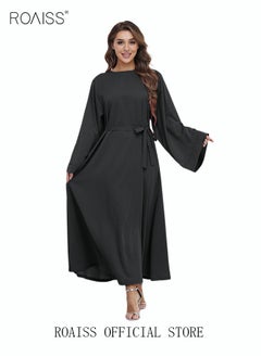 اشتري Women's T-Shirt Dress Long Robe Casual Loose Short Sleeve Crew Neck Gold Printing Ladies Dresses for Spring Summer Daily Wear Dark Blue في الامارات