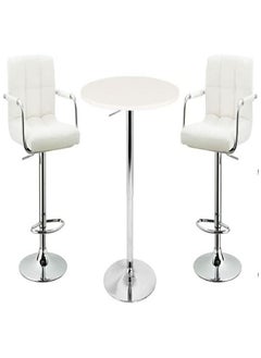 اشتري AWF AL WADI FURNITURE 3-Piece Adjustable Round MDF Wood Bar Table Set with 2 Bar Stools for Pub Counter Kitchen Home PU Leather BarChairs with Arms Footrest 360°Swivel Perfect for Small Space,White في الامارات