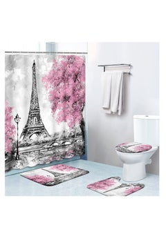 اشتري 4 Piece Shower Curtain Sets, Pink Ground Eiffel Tower  with Non-Slip Rugs, Toilet Lid Cover and Bath Mat, Durable and Waterproof, for Bathroom Decor Set في الامارات