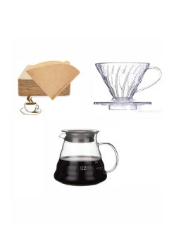 اشتري V60 Coffee Set Pour Over Coffee Drip Coffee Brew Set Contains 3-Pieces 600ml Server Dripper 100 Pics Brown Filter V60 Drip Set 3 Pcs) في السعودية