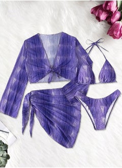 Buy Women's 4-piece swimsuits Breathable Stylish Halter Neck Bra Polyester Wrap Skirt V Neck Swimsuit Long Sleeves Purple in UAE