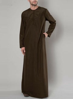Buy Men's Muslim Robe Thobe Solid Color Round Neck Long Sleeve Kaftan With Pockets Brown in Saudi Arabia
