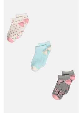 Buy Kids Girl 3 Pair Floral Print Socks, Grey/Pink Combo in UAE