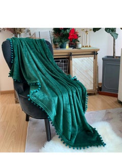 Buy Flannel Blanket with Pompom Fringe Lightweight Cozy Bed Blanket Soft Throw Blanket fit Couch Sofa Suitable for All Season (130x150 CM) (Emerald Green) in Saudi Arabia