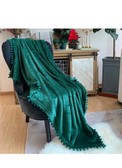 اشتري Flannel Blanket with Pompom Fringe Lightweight Cozy Bed Blanket Soft Throw Blanket fit Couch Sofa Suitable for All Season (130x150 CM) (Emerald Green) في السعودية