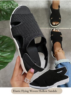 Buy Women's Mesh Knitted Hollow Open Toe Sandals Velcro Adjustable Open Heel Flat Slippers Breathable High Elastic Anti Slip Beach Sandals in Saudi Arabia