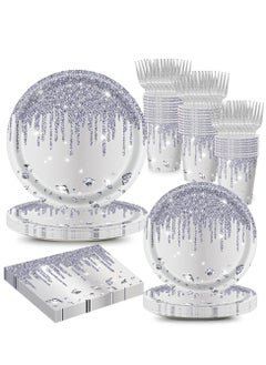 Buy 100pcs Party Plate/ Cup/ Paper Towel/ Fork Sets, Party Disposable Tableware, Silver Birthday Party Supplies, Glitter Diamonds Paper Plates Napkins Forks in Saudi Arabia