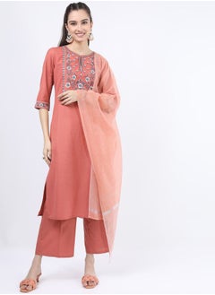 اشتري Floral Embroidered Straight Kurta and Palazzo with Dupatta Set في السعودية