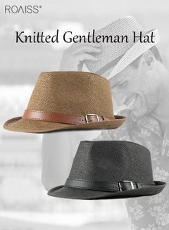 اشتري 2-Piece Straw Woven Gentlemen's Hat Pu Leather Decorative Sunshade Retro Jazz Hat Summer Comfortable And Breathable Fashion Hat في الامارات