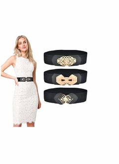 اشتري Women Stretchy Vintage Belt, 3PCS Women's Leather Belt For Jeans, Dresses, Pants Belt, Wide Elastic Waist Belt for Women, Evening Dress Belt, Shape Curve, Beautiful Elegant (Black and Gold) في الامارات