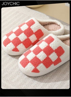 Buy Checkerboard Lattice Design Bedroom Slippers for Women Plush Fuzzy Cozy House Slippers Autumn and Winter Warm Indoor Outdoor Lightweight Soft Flat Slides White+Red in UAE