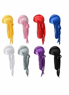 Buy 8 Pack Silk for Durag Satin Silky Long Tail Headwrap Breathable Turban Stocking Cap Wide Straps Pirate Hat in UAE