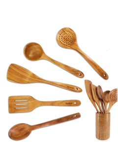 Buy Wooden cutlery set 6 pieces Durable Natural Non-scratch Spatula suitable for non-stick pans in UAE