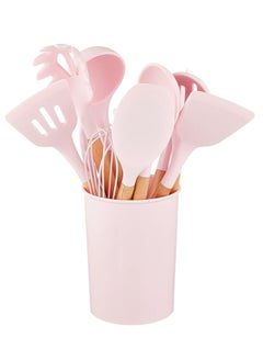 اشتري A silicone kitchen distribution set with a wooden handle, consisting of 11 pieces, with a dedicated heat-resistant, non-stick stand (pink). في مصر