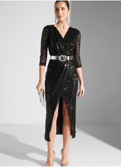 Buy Hadia Ghaleb Sequined Surplice Neck Dress in UAE