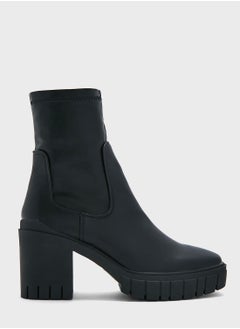 Buy Black Stretch Pu Block Heel Boots in UAE