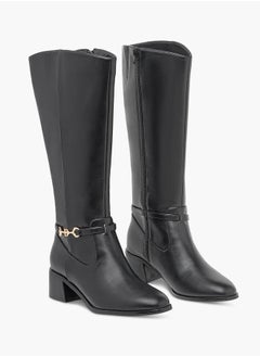 اشتري Women Metal Accent High Shaft Boots with Block Heels and Zip Closure في السعودية