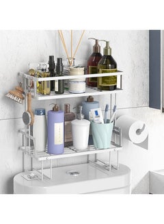 Buy Over The Toilet Storage 2-Tier Bathroom Organizer Shelf with Paper Holder and Hanging Hooks No Drilling Toilet Shelf Space Saver with Wall Mounting Design Easy to Assemble (White) in Saudi Arabia