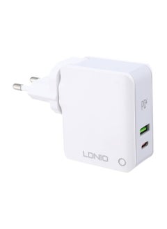 اشتري شاحن سريع للسفر LDNIO A4403C مع كابل Lightning ومنافذ USB/Type C بقوة 30 وات - أبيض في مصر