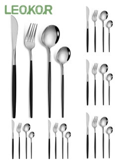 اشتري 24 PCS Flatware Set with Knives Spoons and Forks Stainless Steel Flatware Set for 6 Persons Black/Silver في السعودية