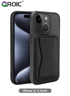 اشتري Compatible with iPhone 15 Black Phone Case with Card Holder, iPhone 15 Wallet Case Hand Strap Kickstand for iPhone 15 Cover في الامارات