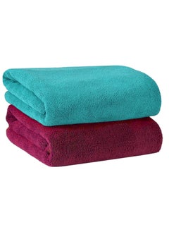 Buy 2-Piece Microfiber Bath Towel 70*140cm, Soft, Durable, Super Absorbent and Fast Drying, Wine Red/Turquoise in UAE