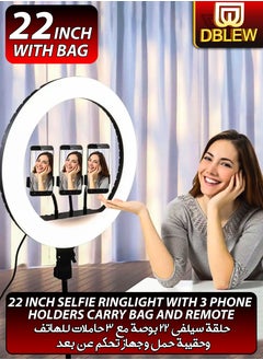 Buy 22 Inch Dimmable Circle LED Studio Selfie Ring Light With 90Inch Tripod Stand Remote And 3 Mobile Phone Holders For Makeup Camera Photography YouTube Video Shoot TikTok Vlog Live Stream With Carry Bag in UAE