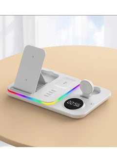 اشتري Multi Function Wireless Charging Station with Digital Clock and Night Light (A82), 30W Fast Wireless Charger  (White) في مصر