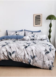 Buy Queen Size 6 Piece Duvet Cover Set Contemporary Leaf Print Bedding Set Grey in UAE