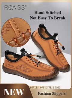اشتري New Mens Casual Drawstring Non-slip Soft Sole Flat Shoes Fashion Round Toe Shoes Daily Hand Stitched Leather Shoes في الامارات