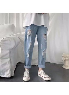 اشتري Summer Thin Distressed Jeans Mens Loose Striped Korean Fashion Light Blue في السعودية