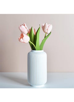 Buy Tall 20CM White Ceramic Ribbed Vases for Home Decor Table Centerpieces, Geometric Design Decorative Flowers Vase, Desk Decor in UAE